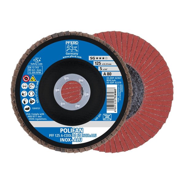 Pferd 5" x 7/8" A.H. POLIFAN® Flap Disc - A-COOL SG INOX+ALU, Aluminum oxide, 80 Grit, Flat 62367